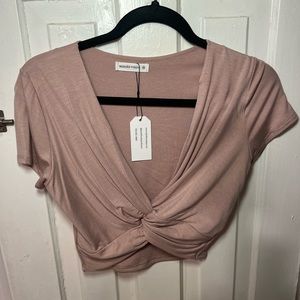 Soft light brown twist crop top with sleeves!